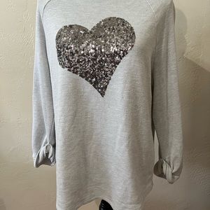 Comfy soft Inc sweatshirt with big silver sequence heart with cuffed sleeves L